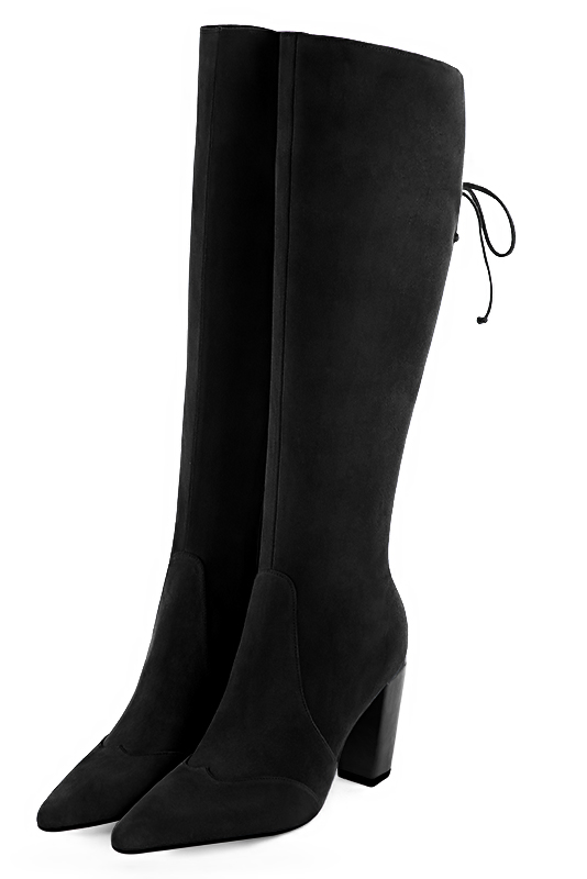 Matt black women's knee-high boots, with laces at the back. Tapered toe. Very high block heels. Made to measure. Front view - Florence KOOIJMAN